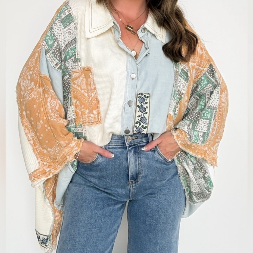 POL Light Denim Mixed Patchwork Boxy Oversized Boho Top Shacket Women’s Size M - Picture 4 of 16